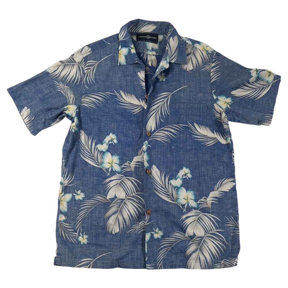 Vintage Prince Kuhio Mens Small Hawaiian Shirt Blue Floral Palm Short Sleeve